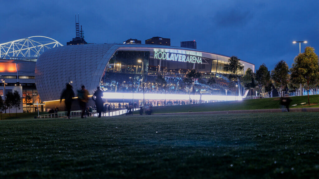 Image of Rod Laver Arena at night.