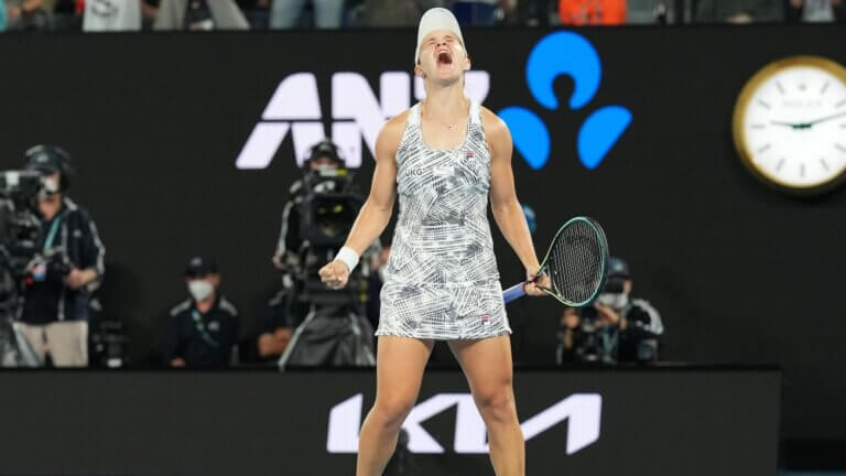 Ash Barty celebrating a win at the Australian Open.