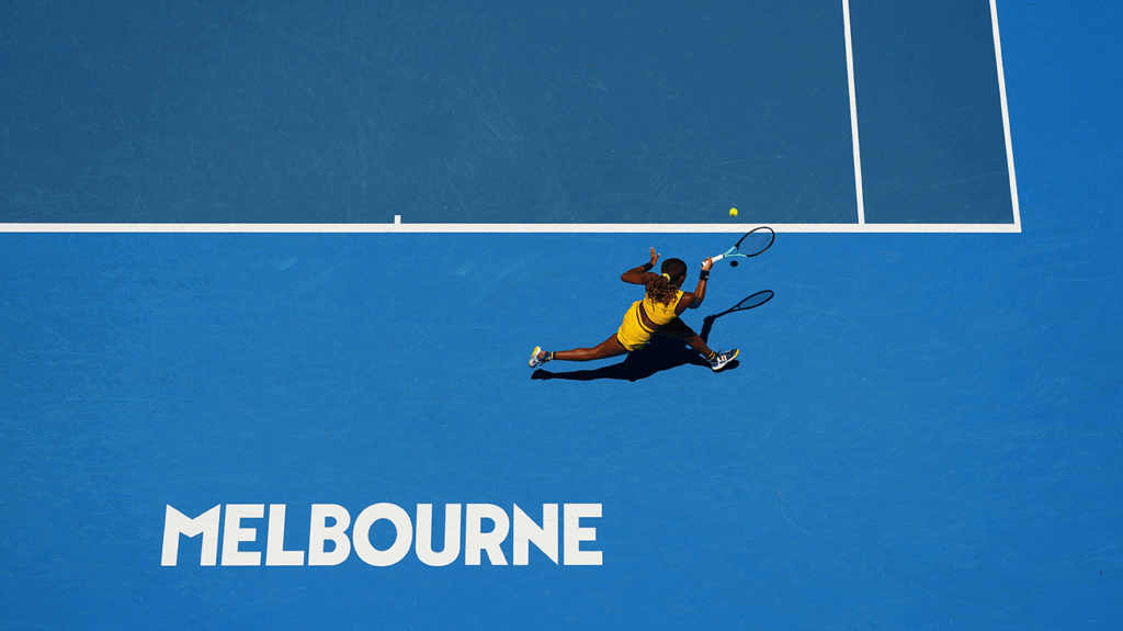 Overhead shot of female tennis player in action at the Australian Open.