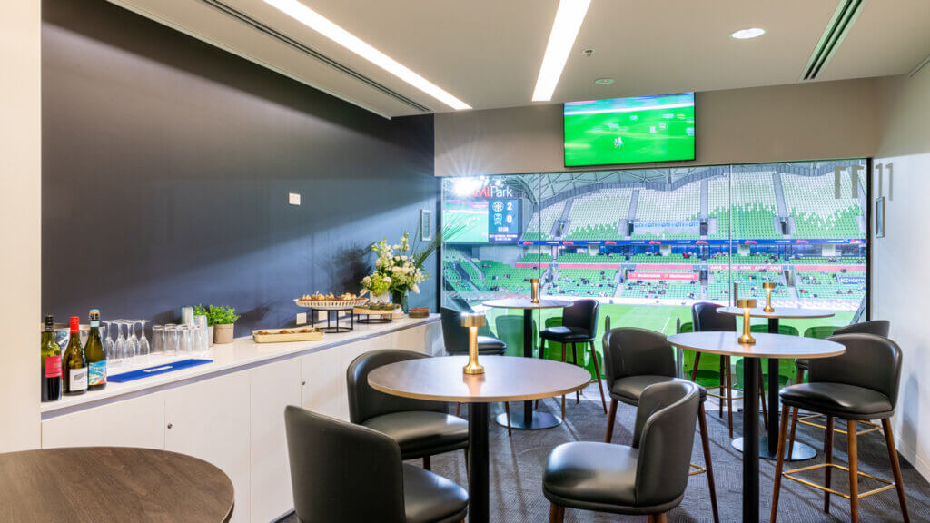 An empty suite at AAMI Park showcasing the stadium view.