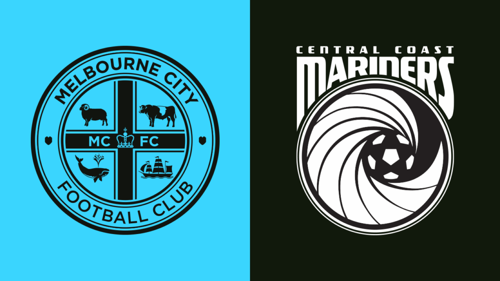 Melbourne City FC and Central Coast Mariners logos on a sky blue and black background.