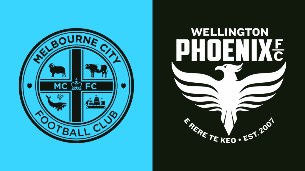 Melbourne City FC and Wellington Phoenix logos on a sky blue and black background.