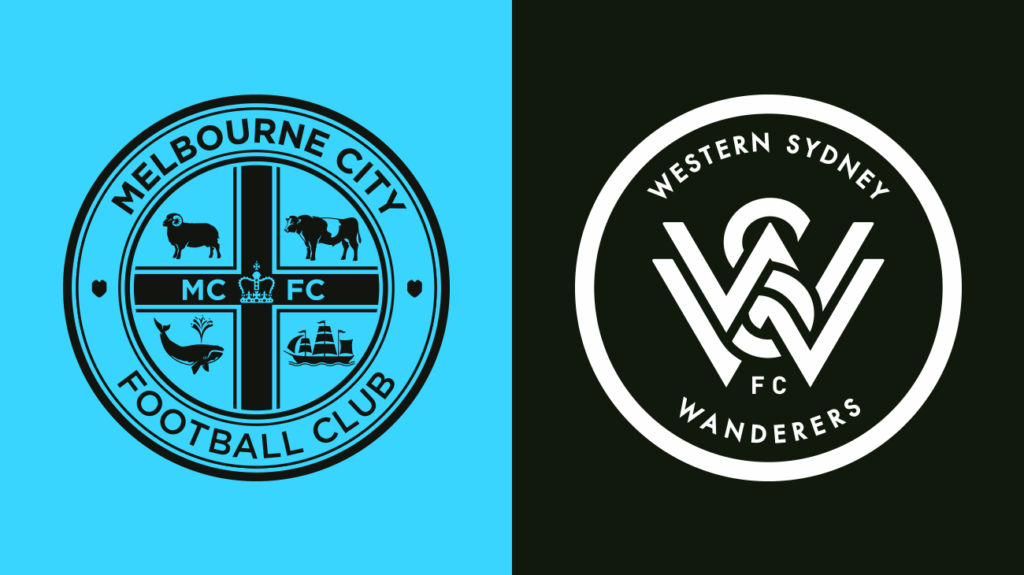 Melbourne City FC and Western Sydney Wanderers logos on a sky blue and black background.