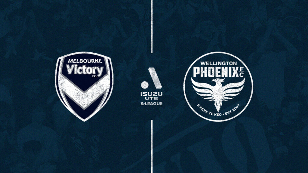 Melbourne Victory and Wellington Phoenix logos on a blue background.