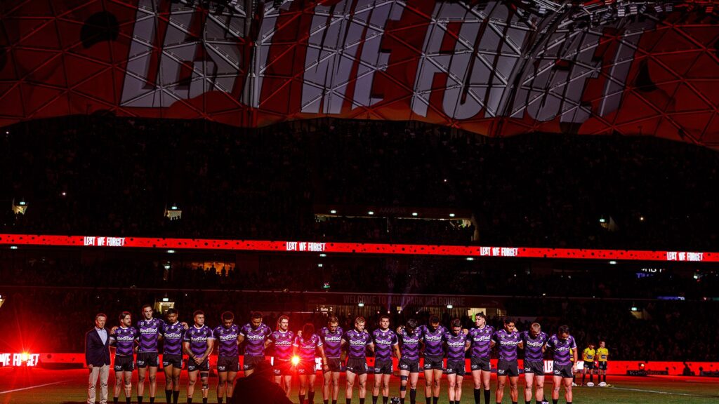 Melbourne Storm players paying ANZAC respects at AAMI Park.