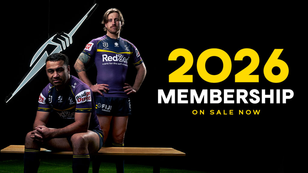 Image of two Melbourne Storm players with text promoting 2026 memberships.