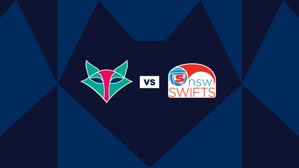 Melbourne Vixens and NSW Swifts logos on a blue background.